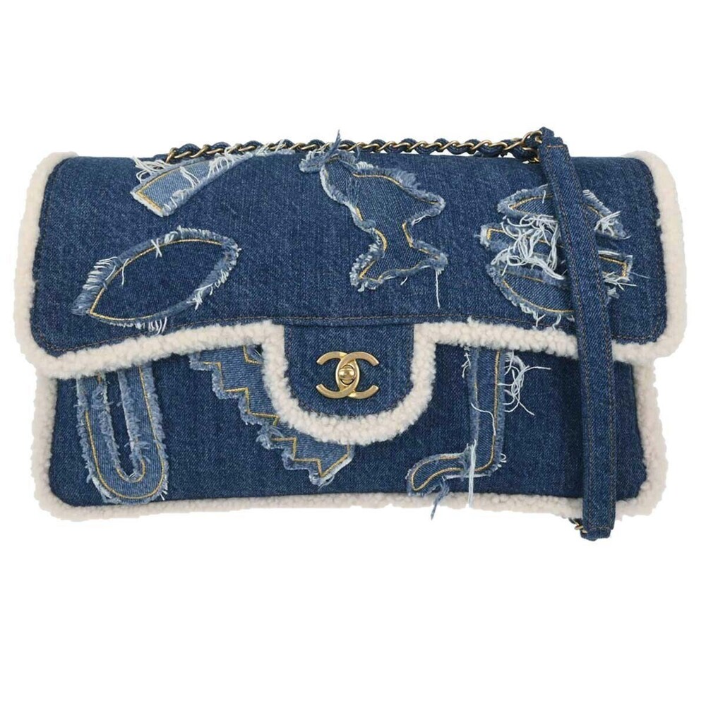 Chanel Egyptian Hieroglyph Flap Denim and Shearling Medium
